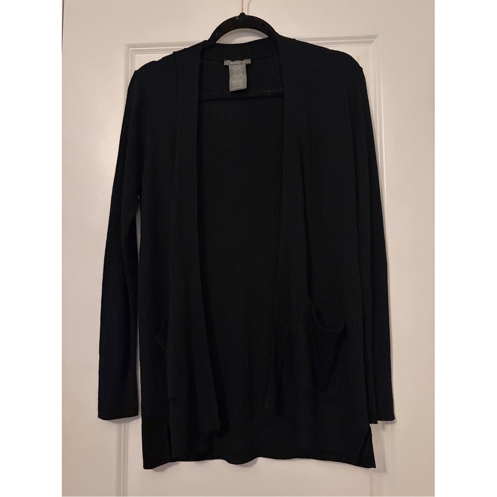 Matty M Black Open-Front Ribbed Cardigan Long Sleeve Pocket Sweater Large - Picture 1 of 3